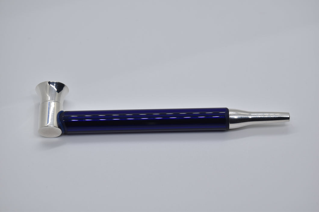 Smoking Pipe- Heavy Silver Plate with Electric Blue Borosilicate Glass, Bullet Tip